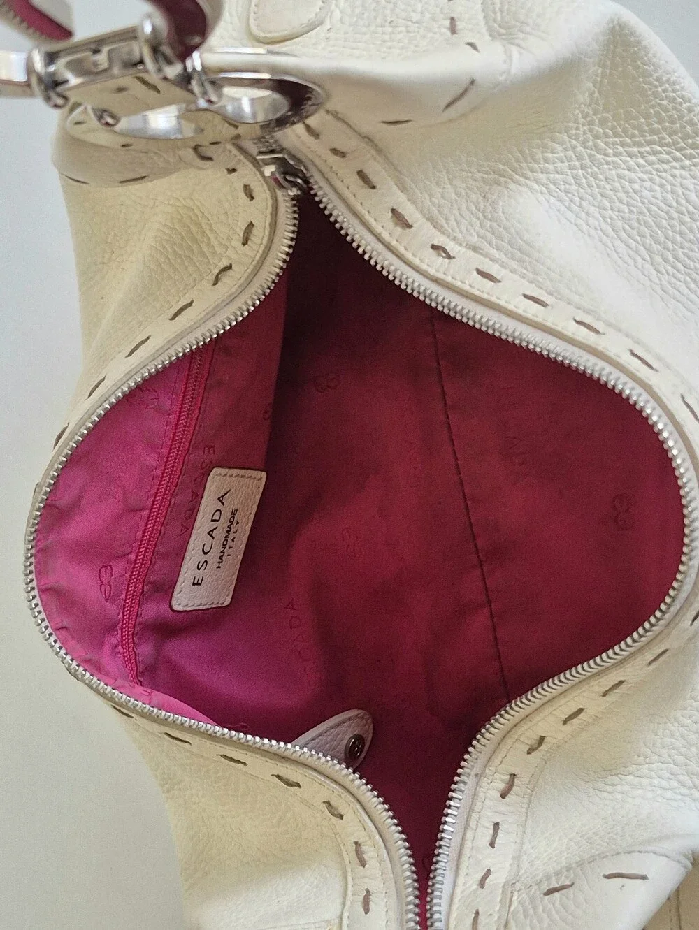 Escada Itaky Cream Pebbled Leather Silver Accents Medium Hobo Shoulder Bag
